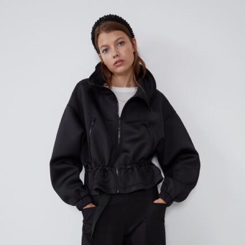 Zara Black Neoprene Jacket Peplum Womens Size Medium Collared